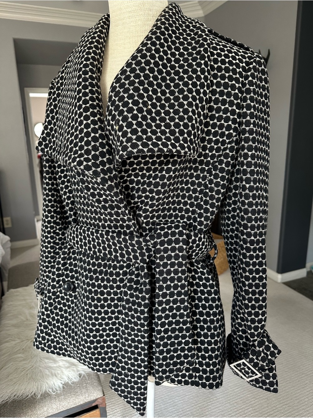 Kenar Black & White Patterned Belted Trench Jacket Size 12 - Picture 3 of 15
